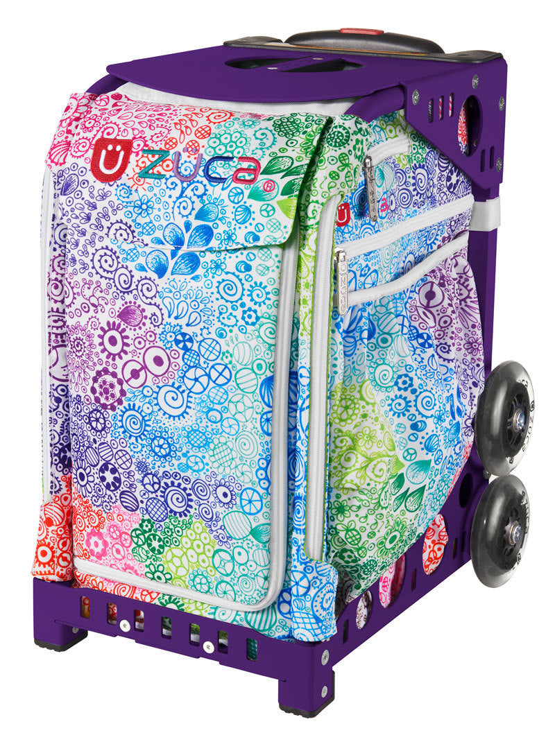 Zuca Rainbow Color Explosion Sport Insert Bag & Purple Frame w/ Flashing Wheels