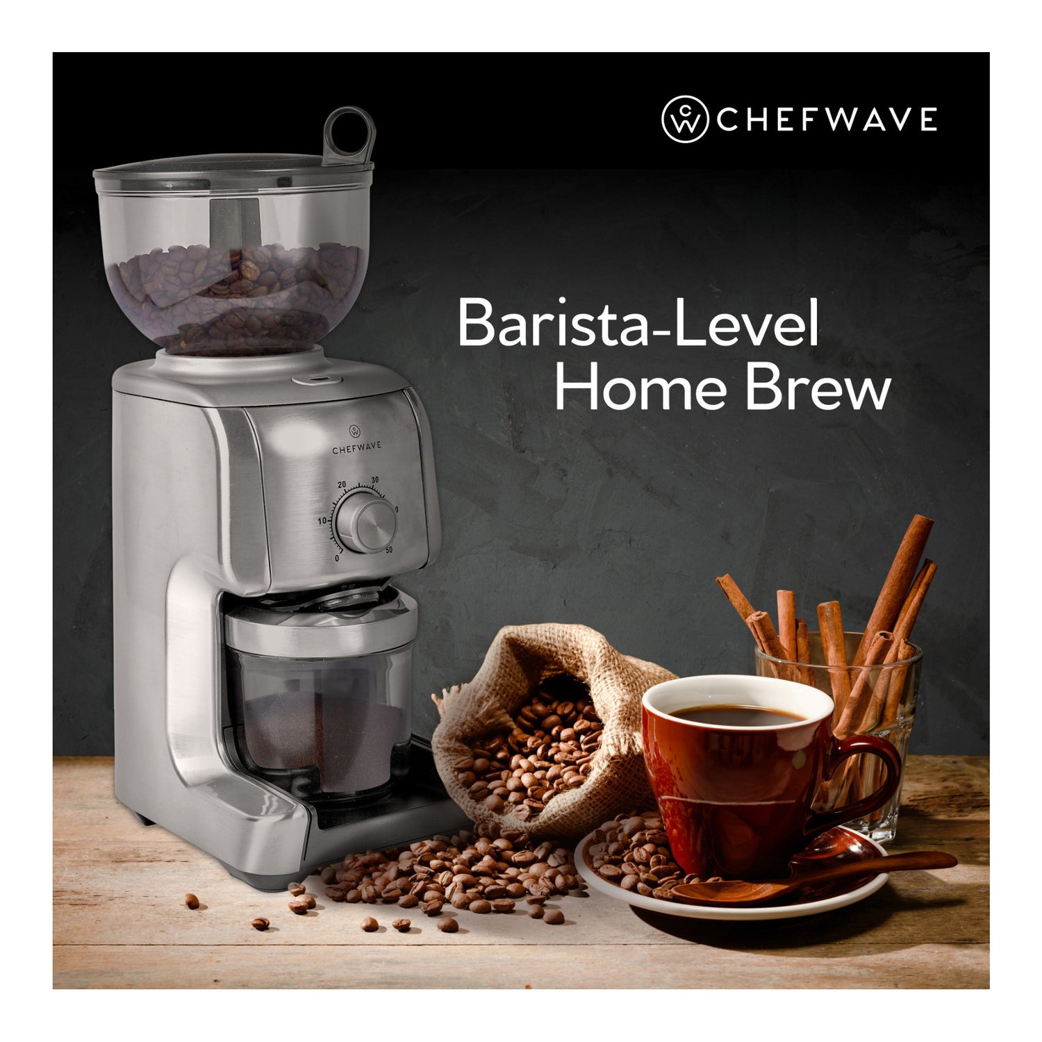 ChefWave Bonne Conical Burr Coffee Grinder w/ 16 Grind Settings, Stainless Steel