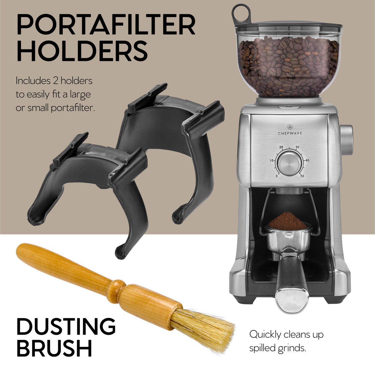 ChefWave Bonne Conical Burr Coffee Grinder w/ 16 Grind Settings, Stainless Steel