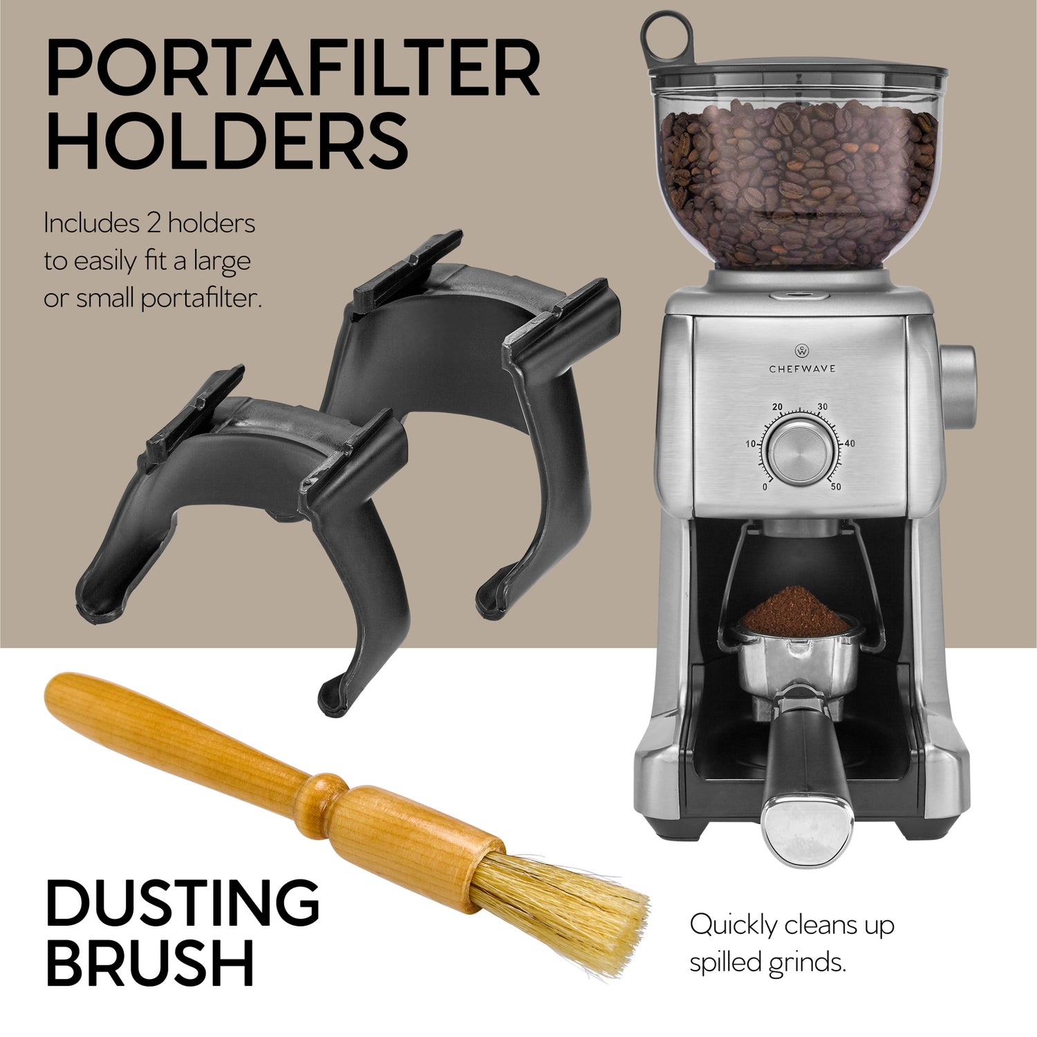 ChefWave Bonne Conical Burr Coffee Grinder w/ 16 Grind Settings, Stainless Steel