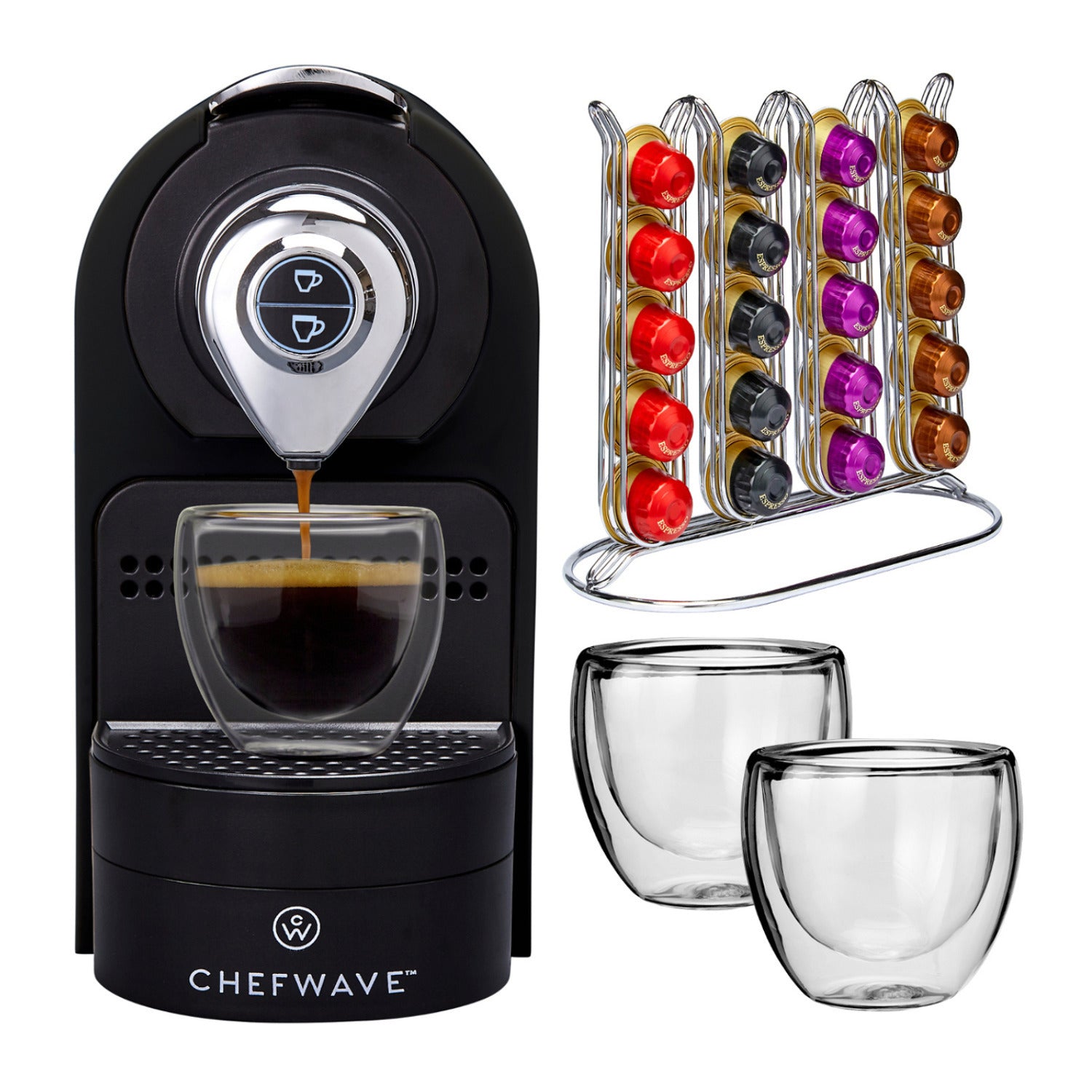 ChefWave Espresso Machine for Nespresso (Black), Capsule Holder and Cups Bundle