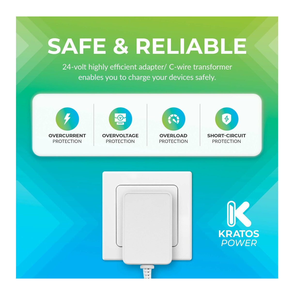 Kratos Power 24 Volt Transformer C-Wire Adapter (White) with Adapter Clips