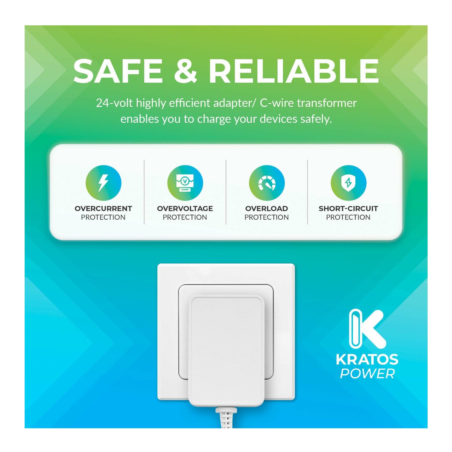 Kratos Power 24 Volt Transformer C-Wire Adapter (White) with Adapter Clips