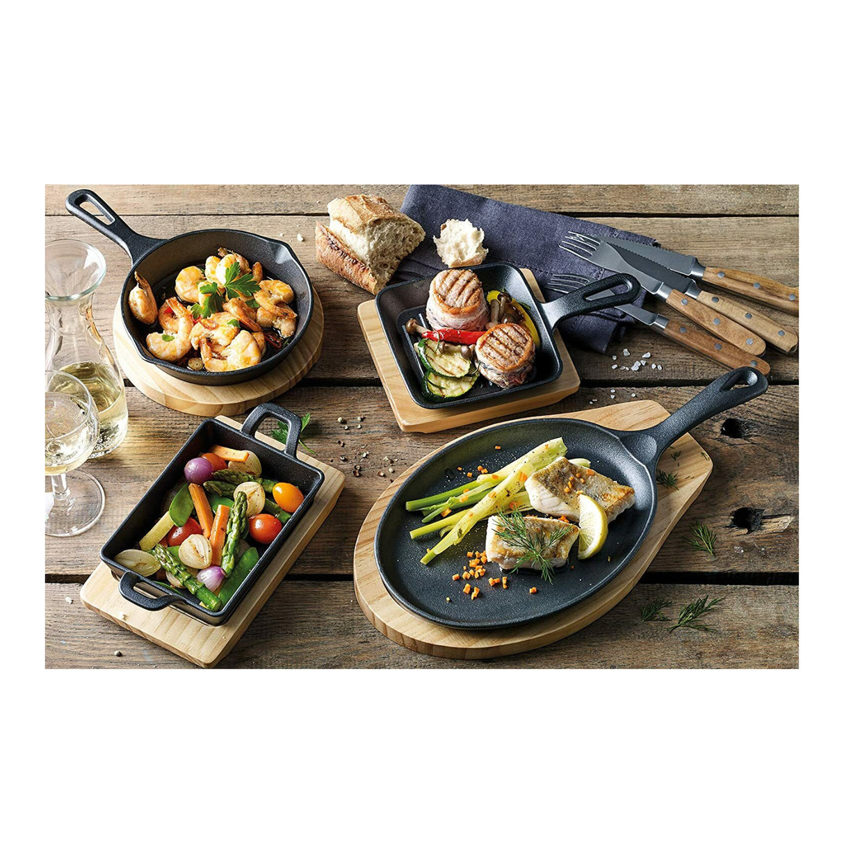 Kchenprofi Serving Pan Round (Black) With Wooden Board (3 pack)