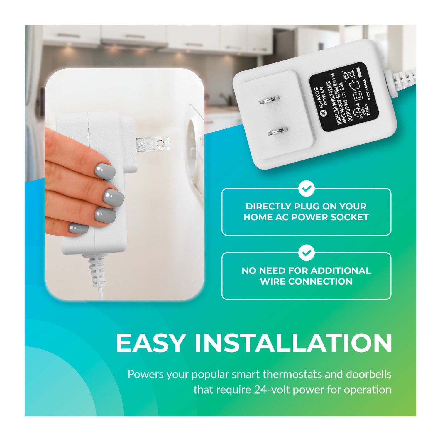 Kratos Power 24 Volt Transformer C-Wire Adapter (White) with Adapter Clips