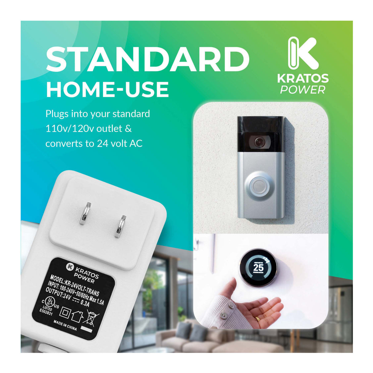 Kratos Power 24 Volt Transformer C-Wire Adapter (White) with Adapter Clips