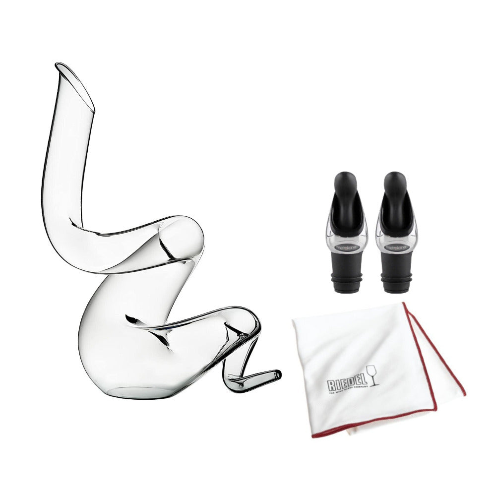 Riedel Boa Decanter with Wine Pourer with Stoppers (2-Pack) and Polishing Cloth