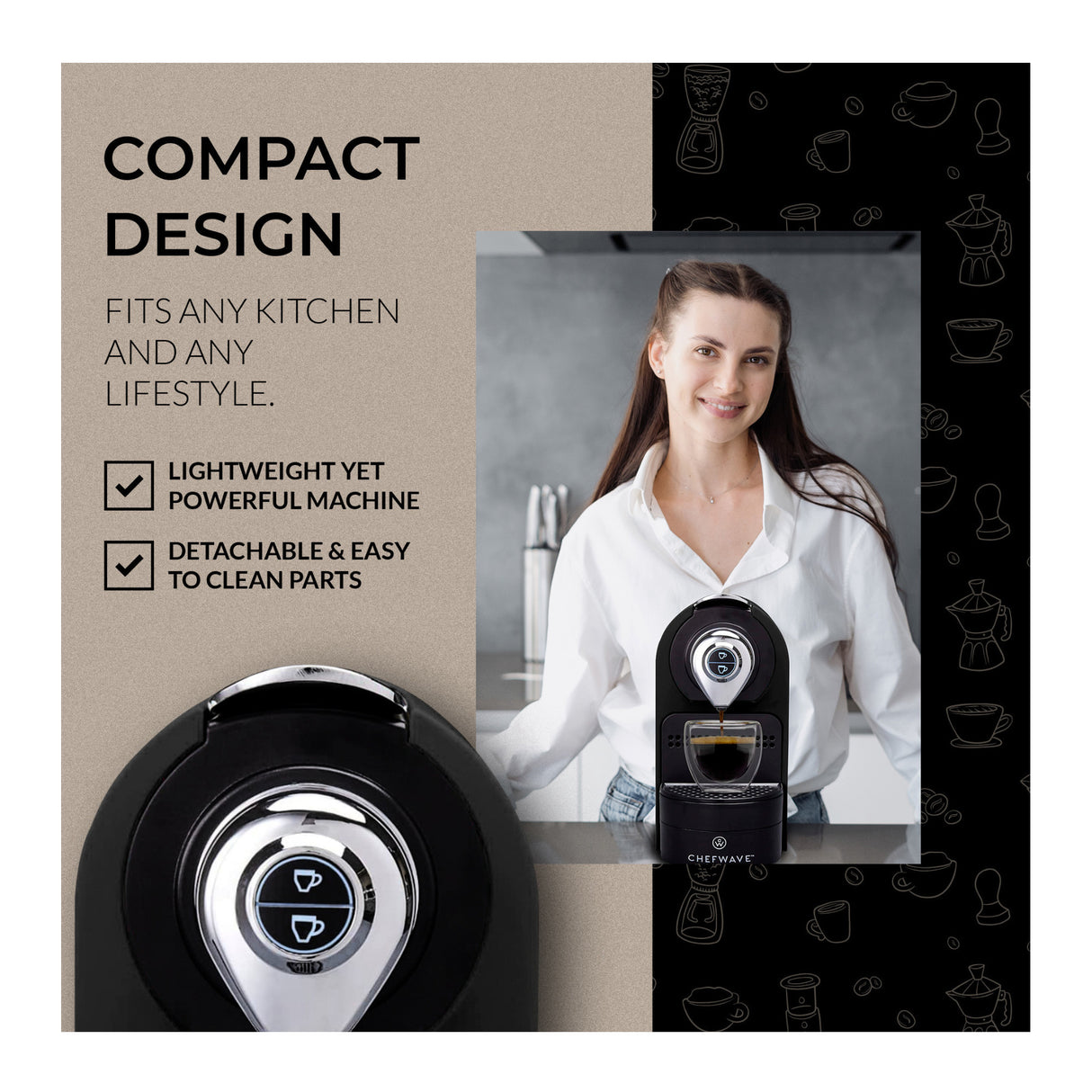 ChefWave Espresso Machine (Black) with Holder, Cups and Handheld Milk Frother