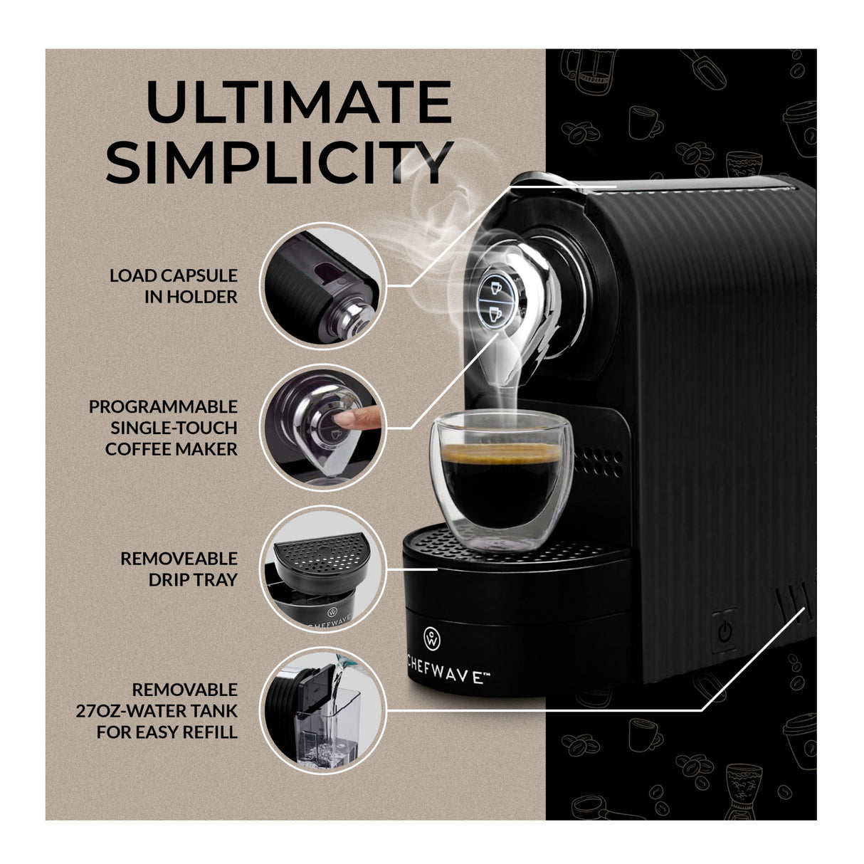 ChefWave Espresso Machine (Black) with Holder, Cups and Handheld Milk Frother