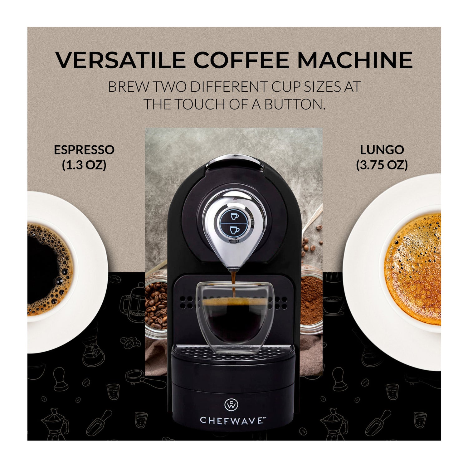 ChefWave Espresso Machine (Black) with Holder, Cups and Handheld Milk Frother