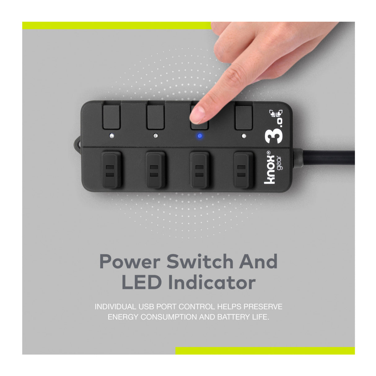 Knox Gear 4 Port 3.0 USB Hub with Individual Switches and LED Lights