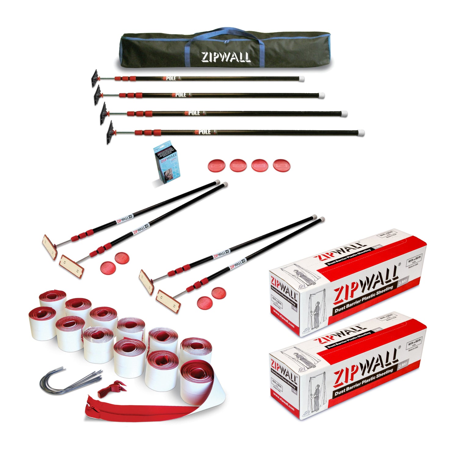 Zipwall 10-Feet ZipPole Set (8-Pack) with Zipper (12-Pack) and 2x Dust Barrier