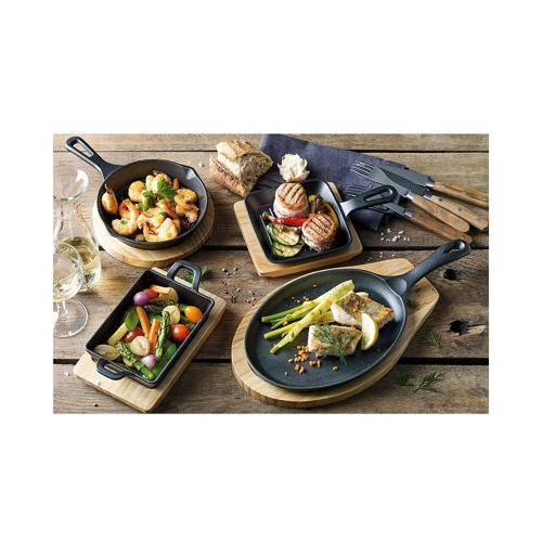 Küchenprofi Serving and Grilling Pan Round (Cast Iron) with Wooden Board
