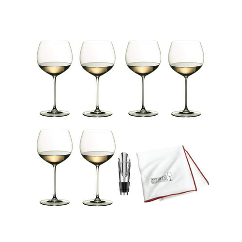 Riedel Veritas Chardonnay Glasses (6-Pack) with Cloth and Wine Pourer