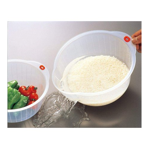 Inomata 9.5-inch Rice Washing Bowl with Side and Bottom Drainers (Clear)