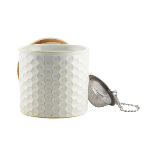 Chantal Ceramic Tea Caddy Set w/ Bamboo Lid and Tea Ball Infuser (White)
