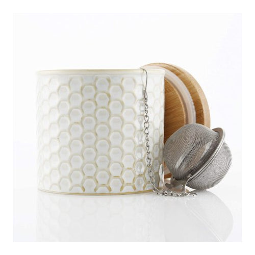 Chantal Ceramic Tea Caddy Set w/ Bamboo Lid and Tea Ball Infuser (White)
