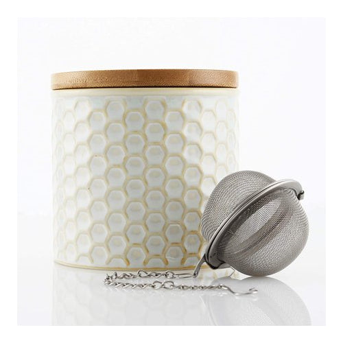 Chantal Ceramic Tea Caddy Set w/ Bamboo Lid and Tea Ball Infuser (White)