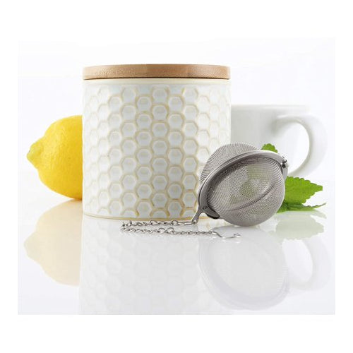 Chantal Ceramic Tea Caddy Set w/ Bamboo Lid and Tea Ball Infuser (White)
