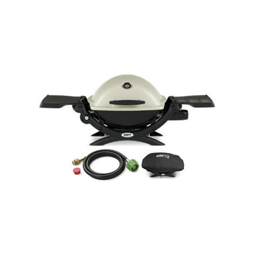 Weber Q1200 Liquid Propane Grill (Titanium) with Adapter Hose and Grill Cover