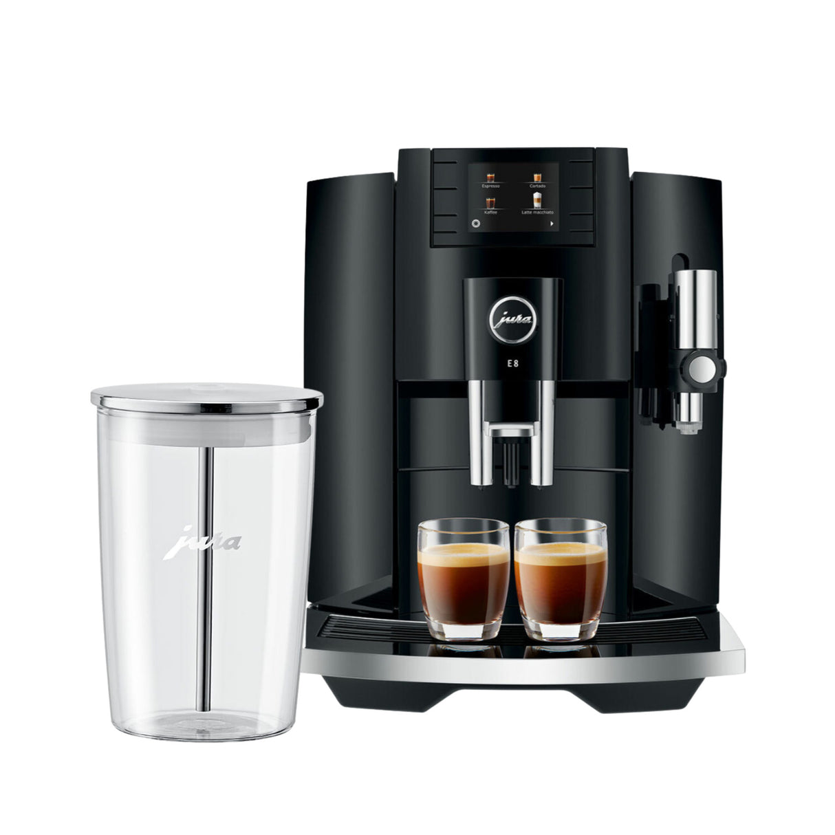 Jura E8 5th Gen Automatic Coffee Machine Piano Black with Milk Container Bundle