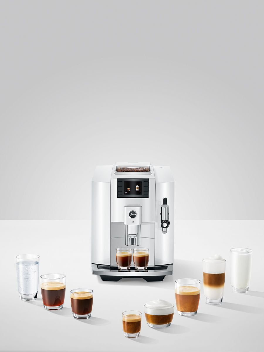 Jura E8 Automatic Espresso Machine (Piano White) w/ Milk Container and Filter