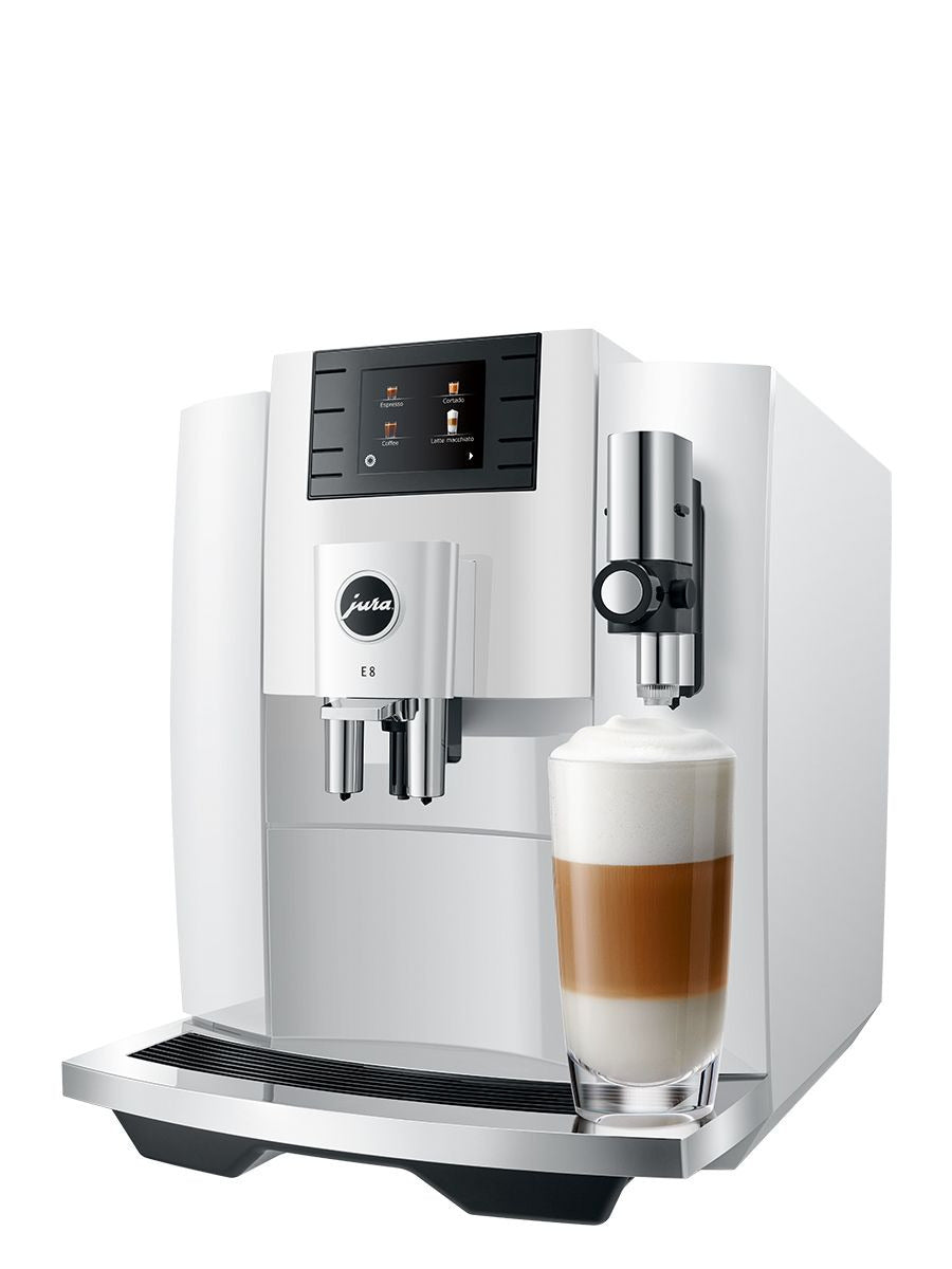 Jura E8 Automatic Espresso Machine (Piano White) w/ Milk Container and Filter