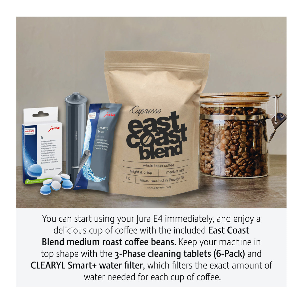 Jura E4 Coffee Machine (Piano Black) with Filter, Cleaning Tablets and Coffee