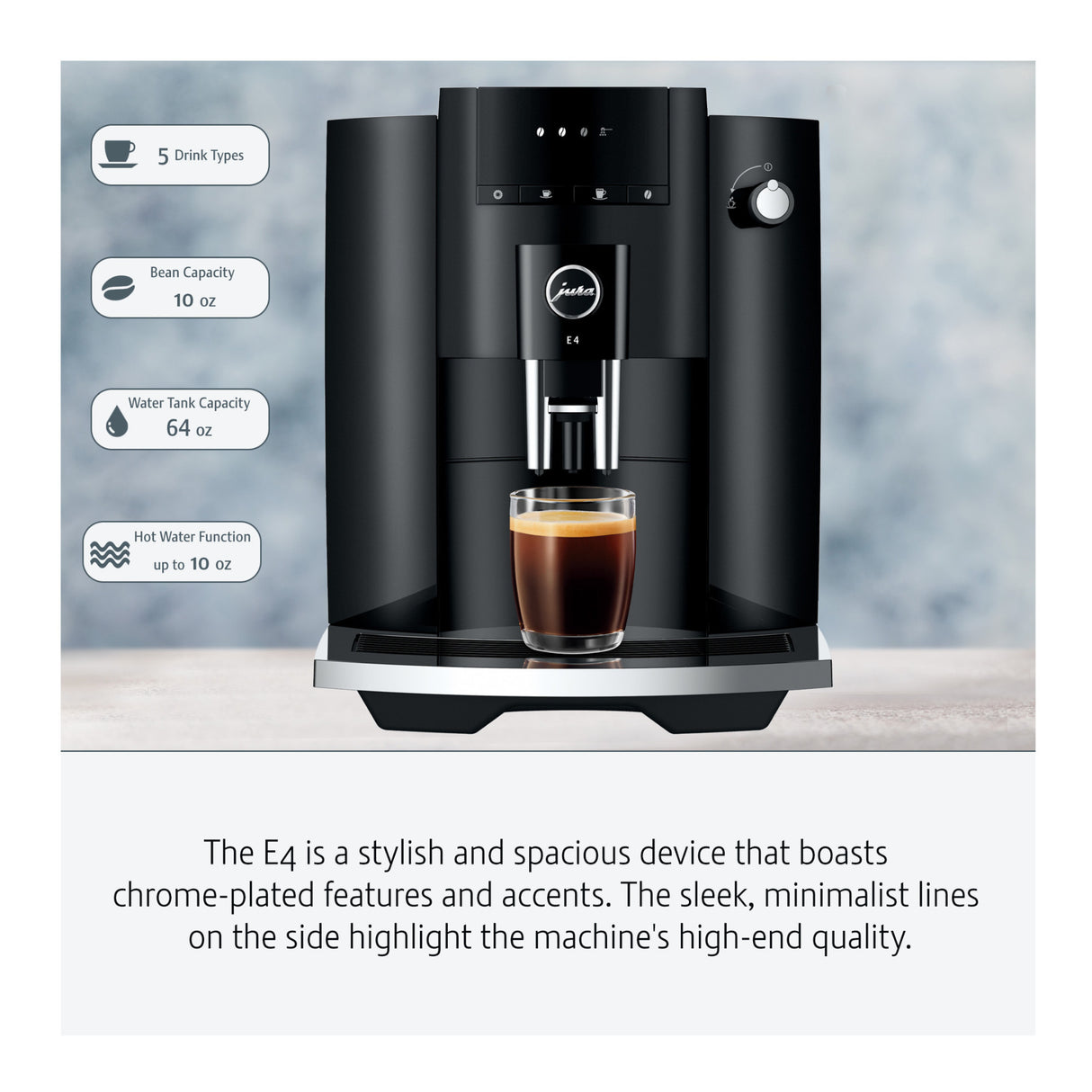 Jura E4 Coffee Machine (Piano Black) with Filter, Cleaning Tablets and Coffee