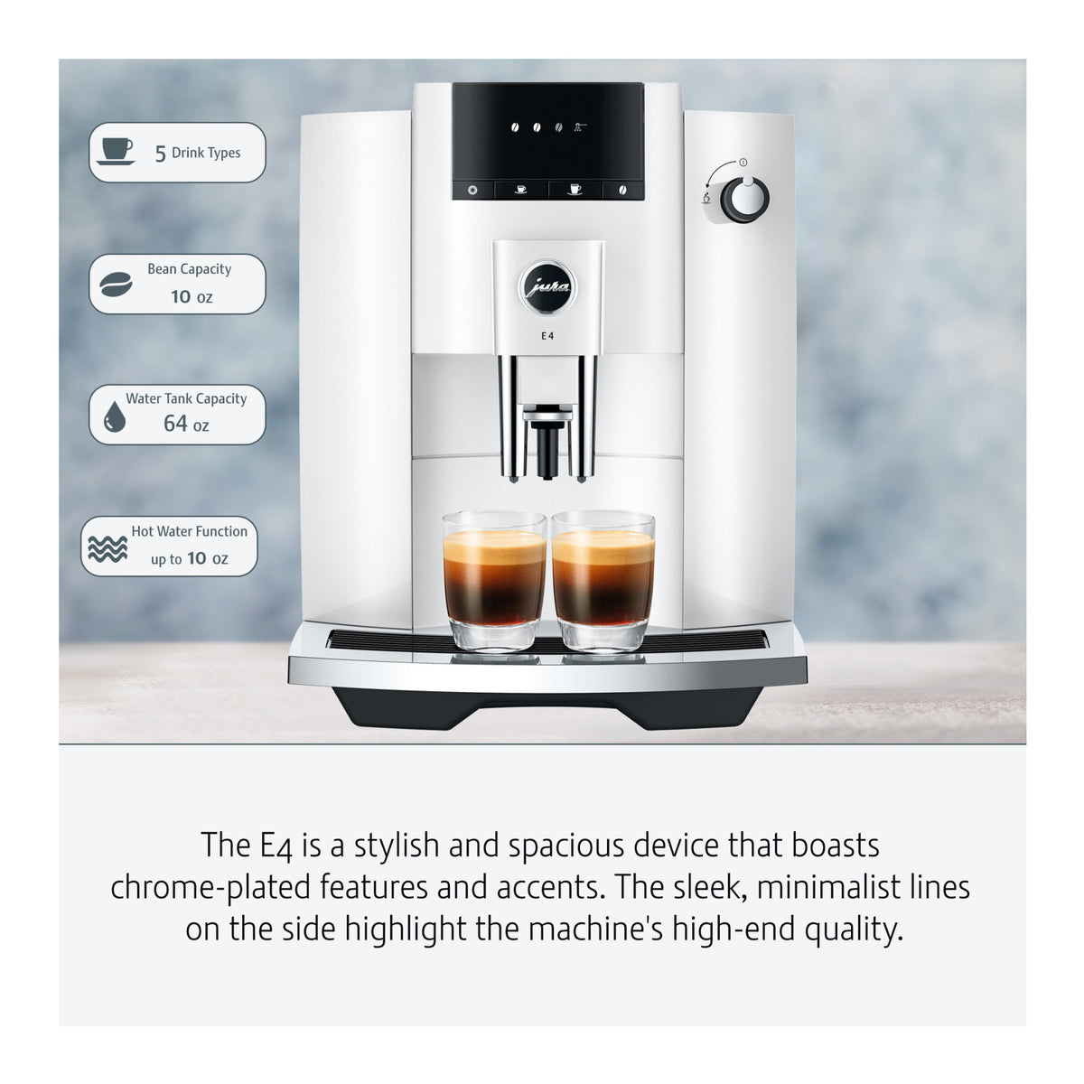 Jura E4 Coffee Machine (Piano White) with Filter, Cleaning Tablets and Coffee