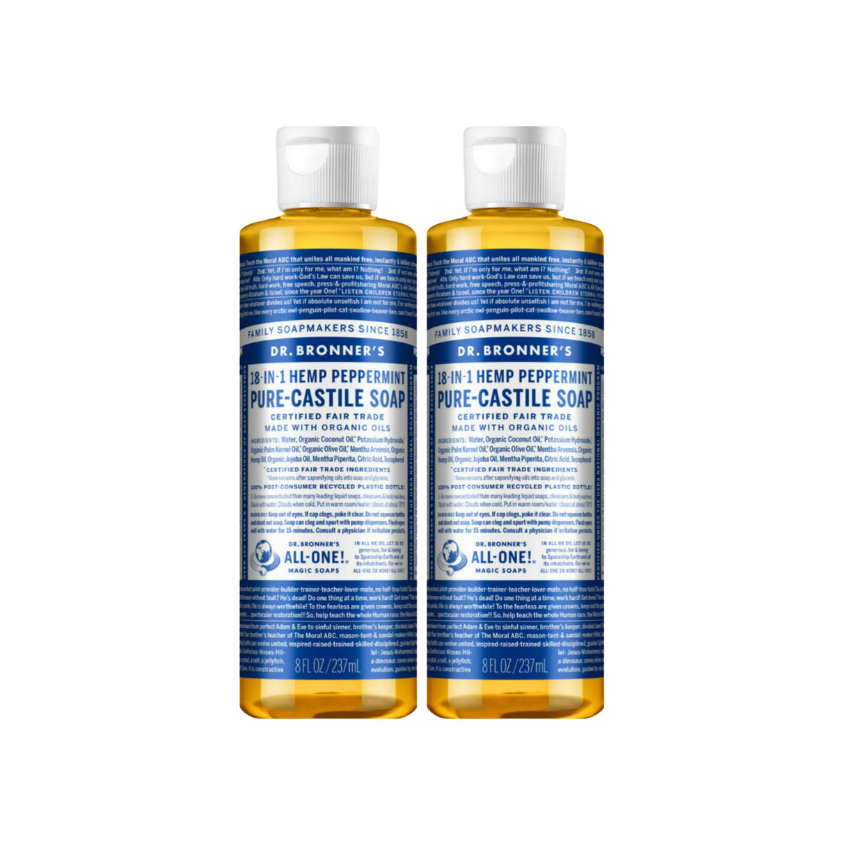 Dr. Bronners Organic 18-in-1 All-Purpose Peppermint Liquid Soap (8 Oz) (2-Pack)