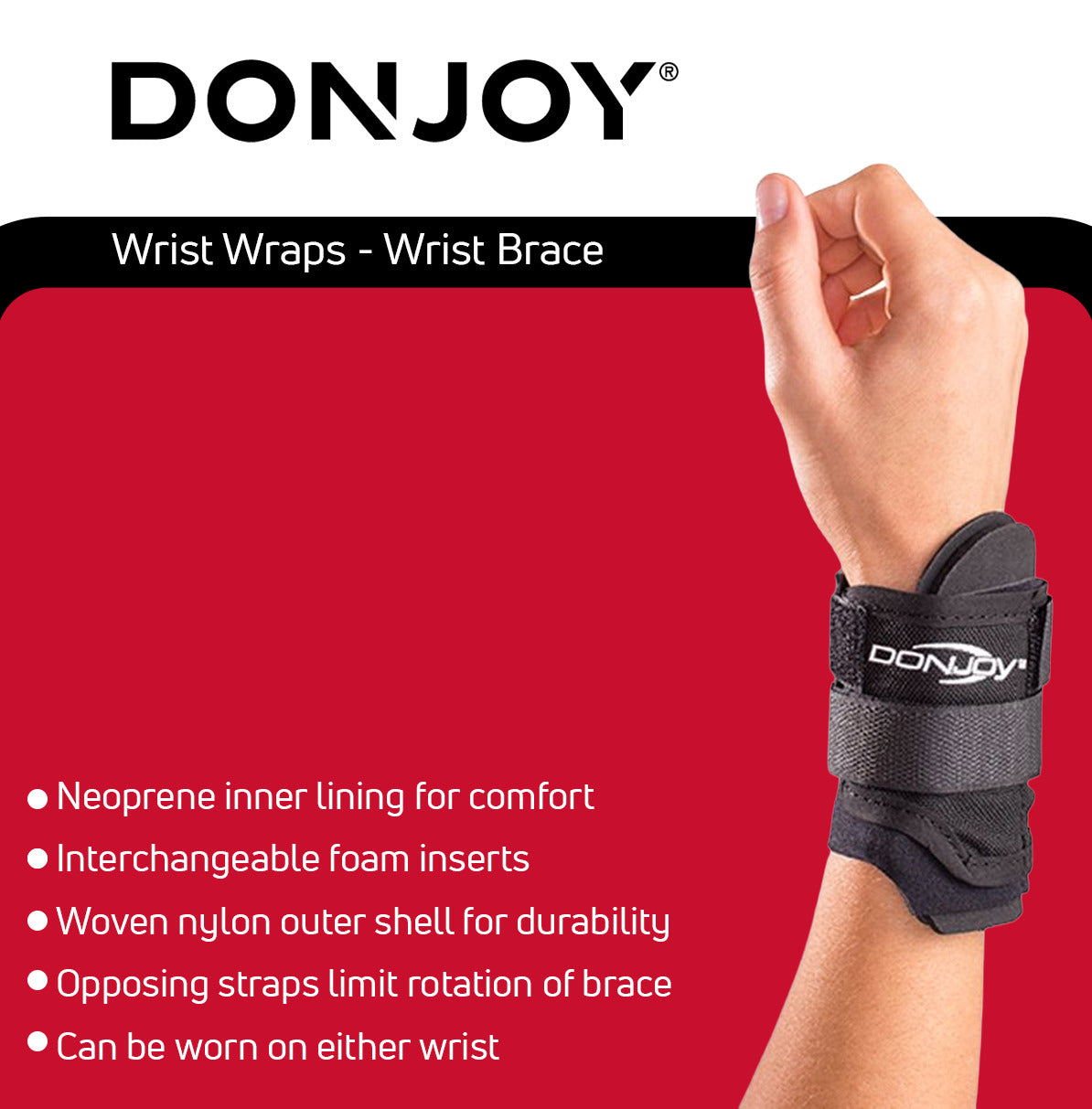 DonJoy Wrist Wraps Large Support Brace with Durable and Breathable Design for Pain Relief (Black)
