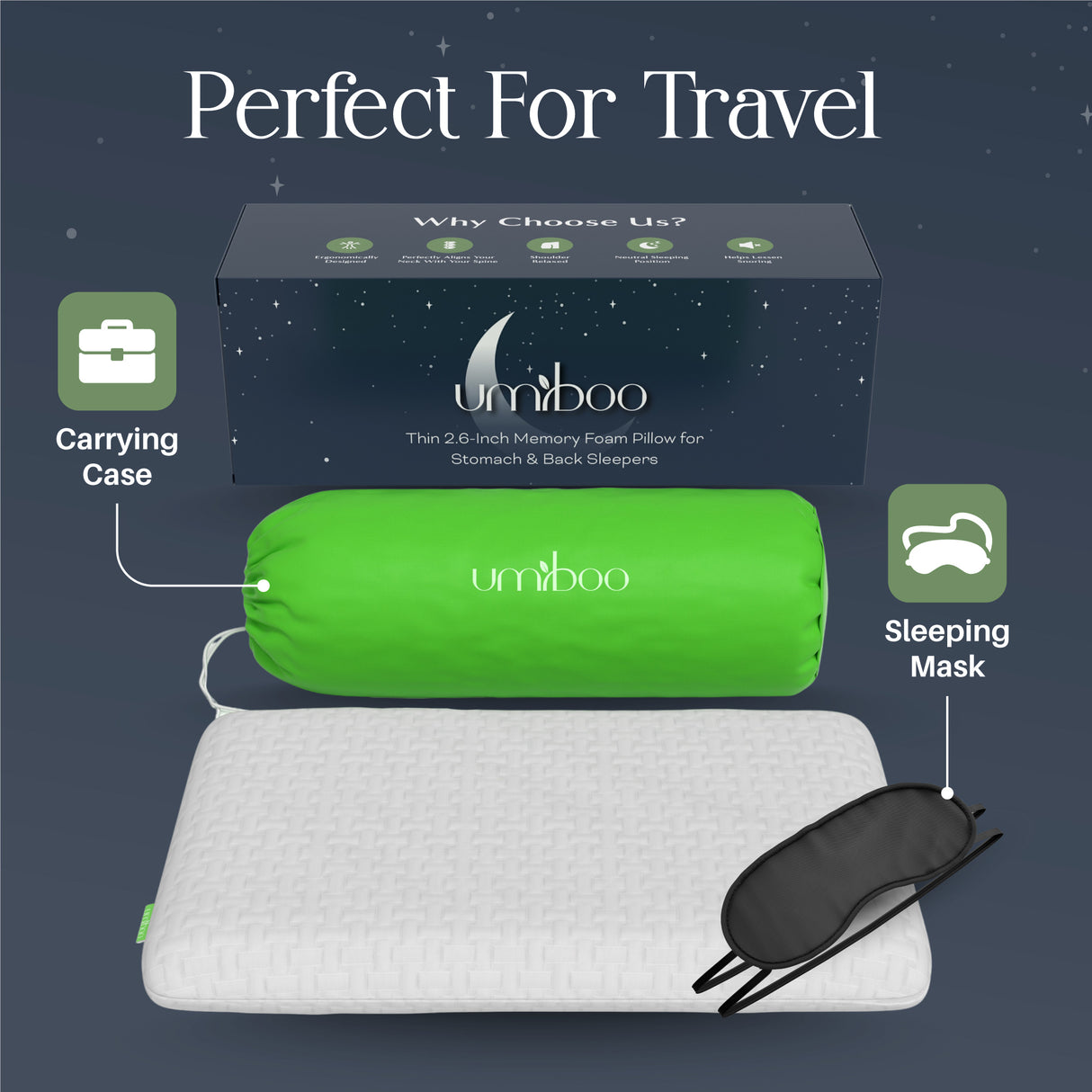Umiboo by Focus Thin 2.5-Inch Memory Foam Pillow for Stomach and Back Sleepers (White)