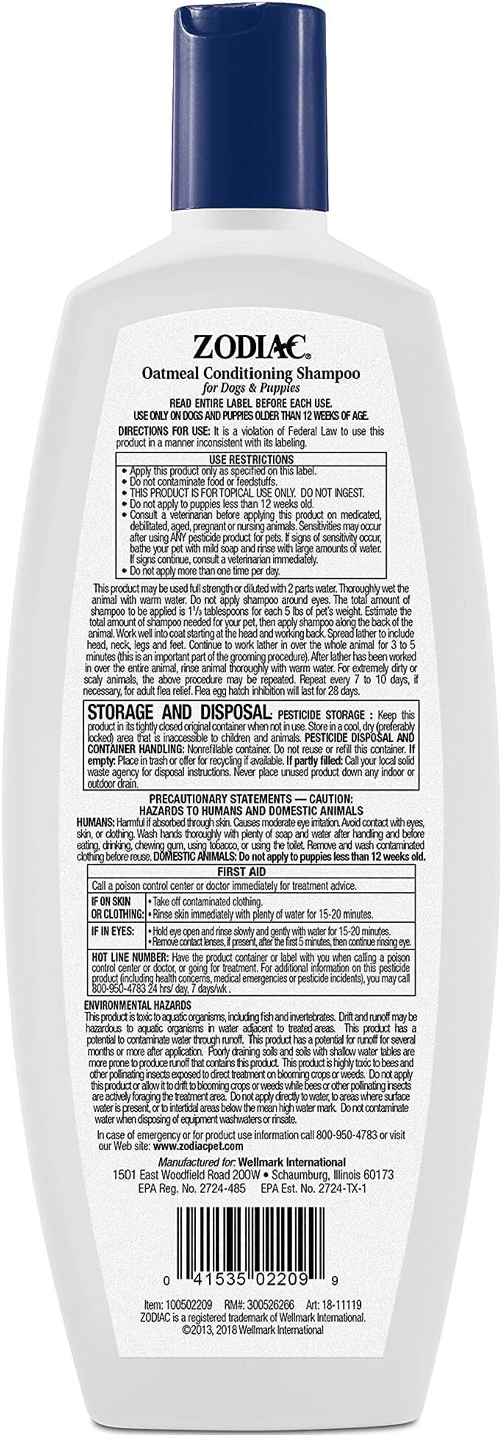 Zodiac Oatmeal Flea and Tick, Dog and Puppy Conditioning Shampoo 18oz (1 Pack)