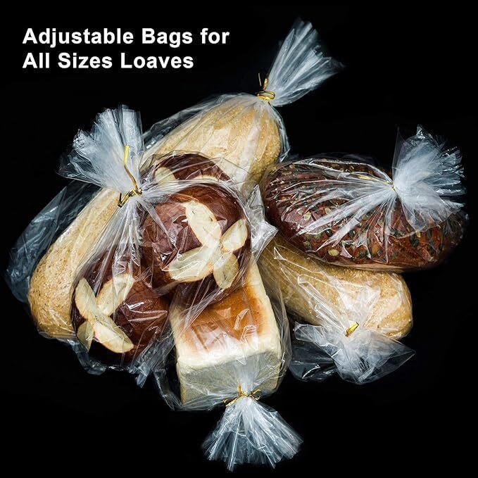 Bread Bags with Ties, Reusable, 100 Clear Bags and 100 Ties