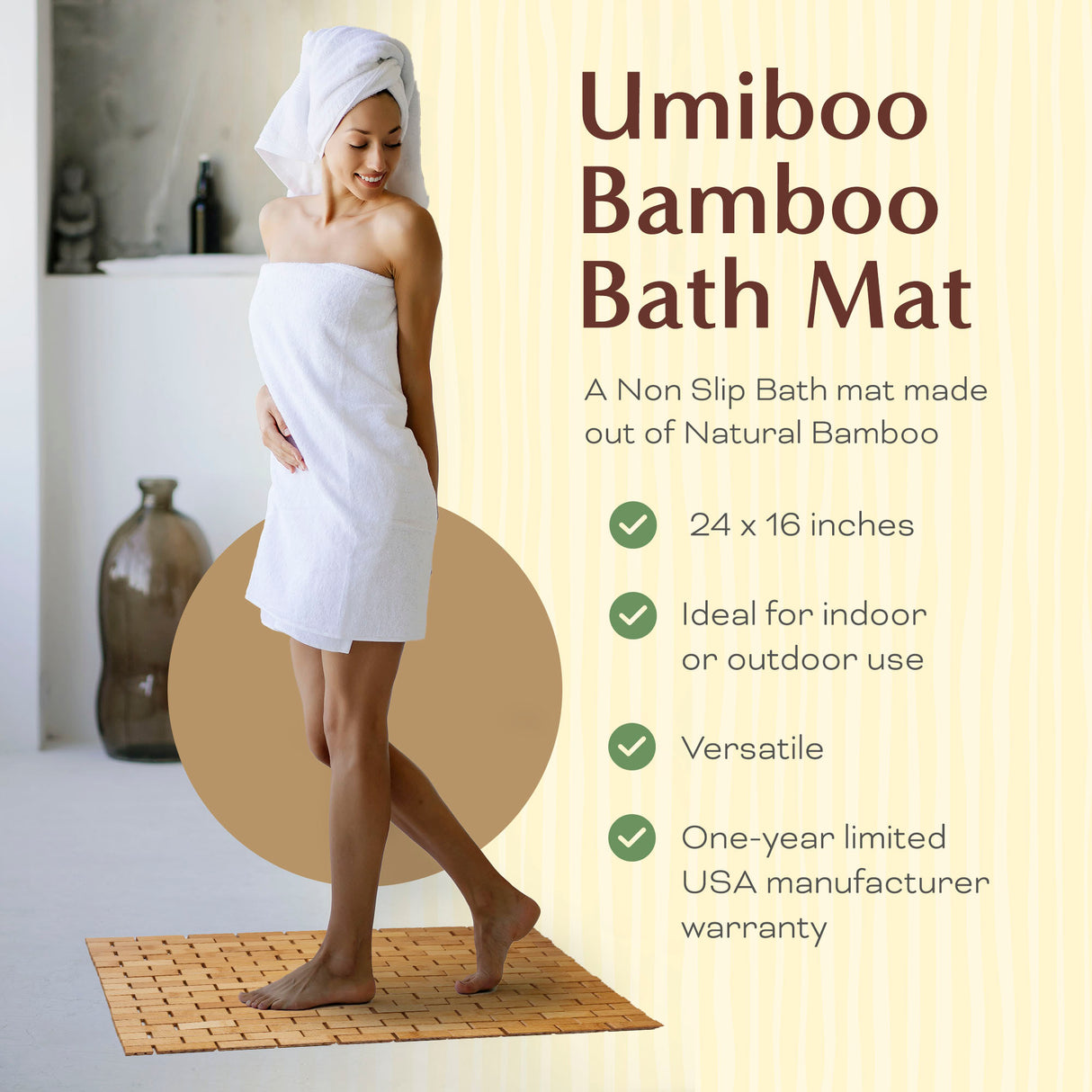 UmiBoo Bamboo Bath Mat (24 x 16 inches, Medium) Non Slip and Water Resistant