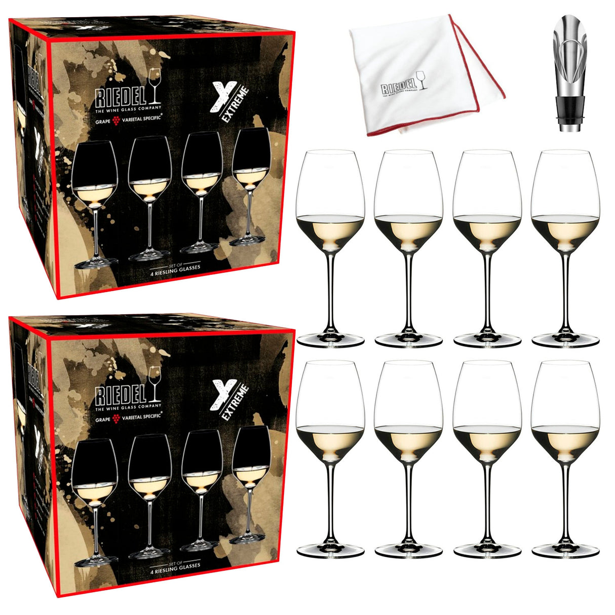 Riedel Extreme Riesling Wine Glass (Set of 8, Clear) with Polishing Cloth Bundle