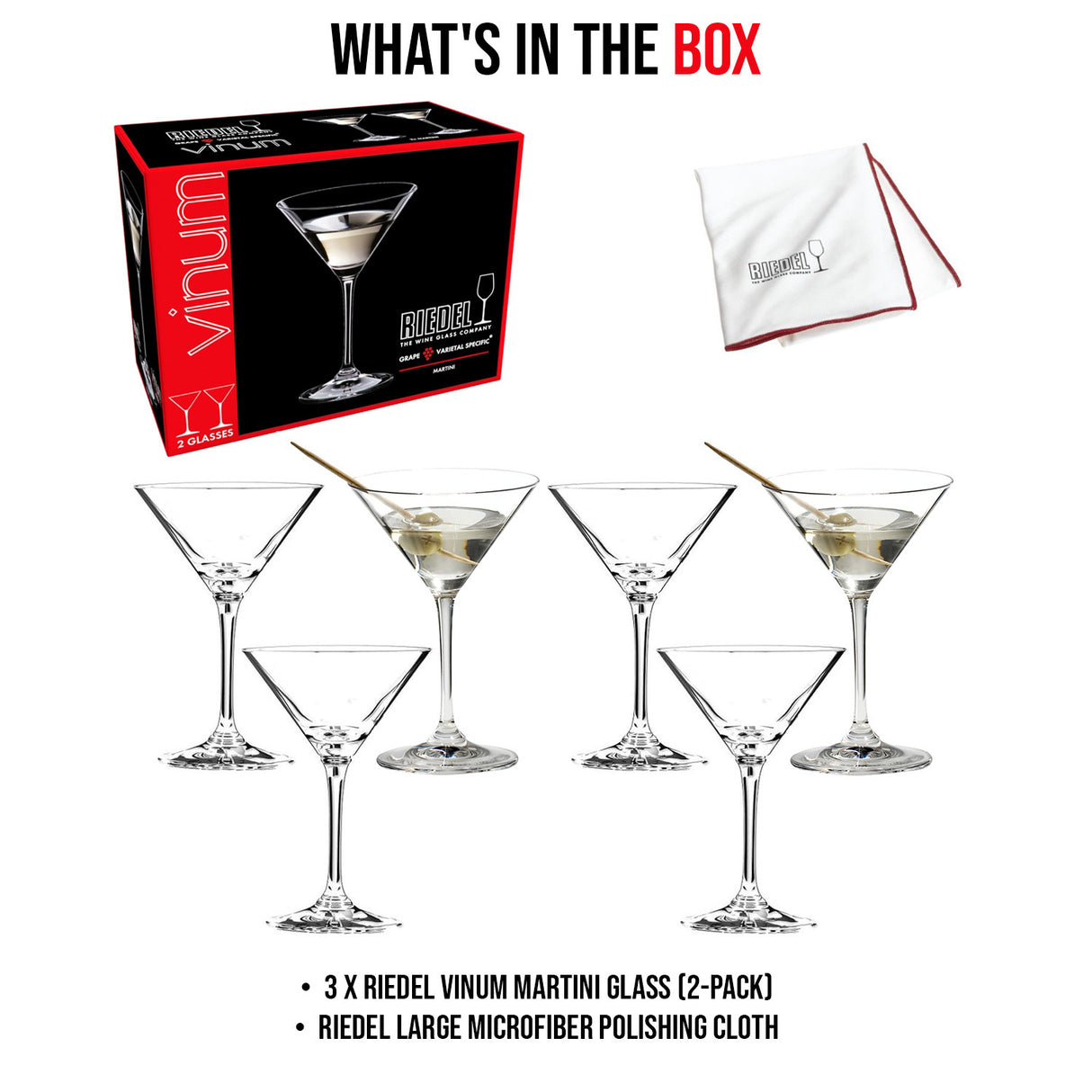 Riedel Vinum Martini Glass (6-Pack) with Microfiber Polishing Cloth