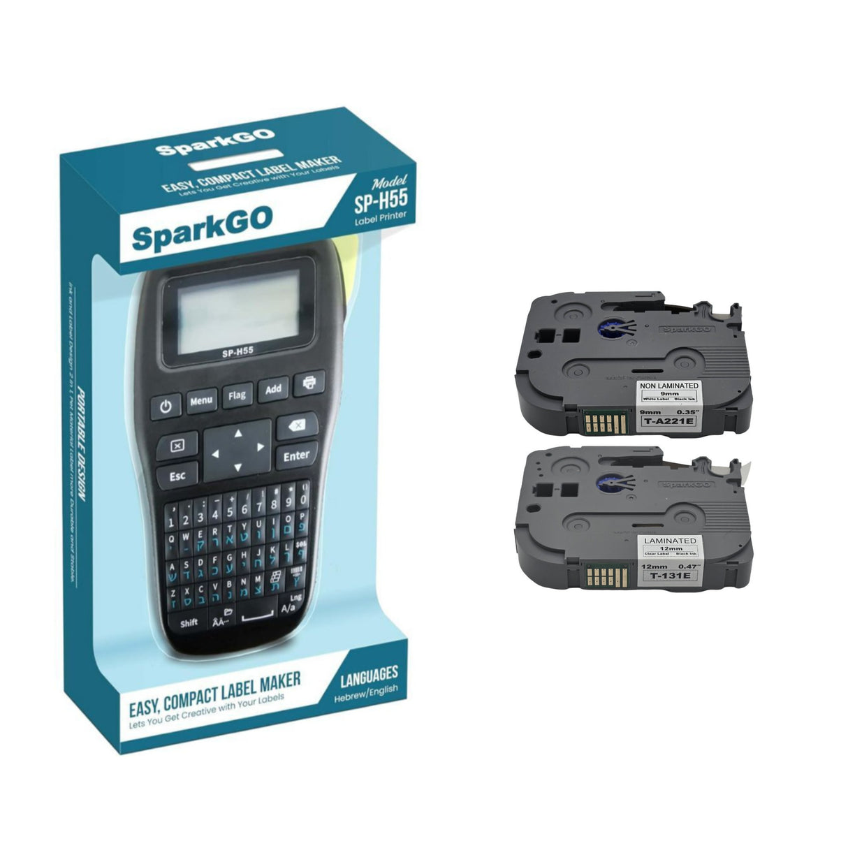 SparkGo SP-H55 Hebrew/English Label Maker Bundle w/ T-A221E & T-131E Label Tapes