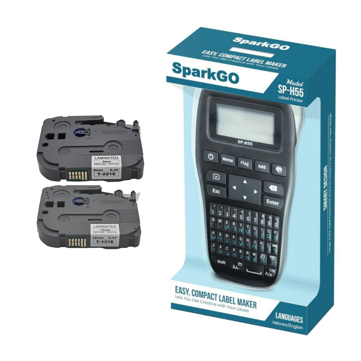 SparkGo SP-H55 Hebrew & English Label Maker w/ T-221E & T-231E Laminated Tapes