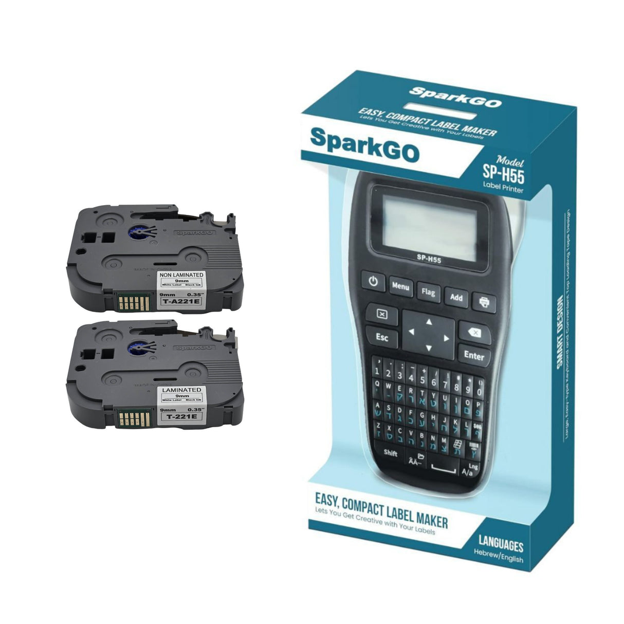 SparkGo SP-H55 Hebrew & English Label Maker Bundle (Black) w/ T-221E & T-A221E