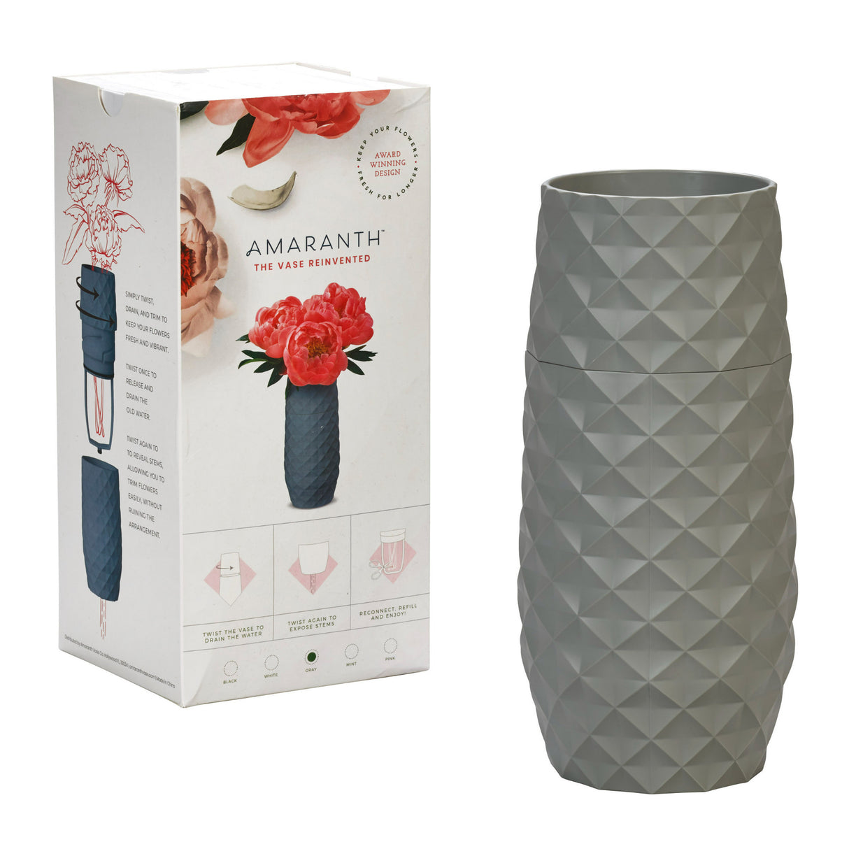Amaranth 10-Inch Floral Care Impact Resistant Smarter Vase (Cool Gray Diamond)