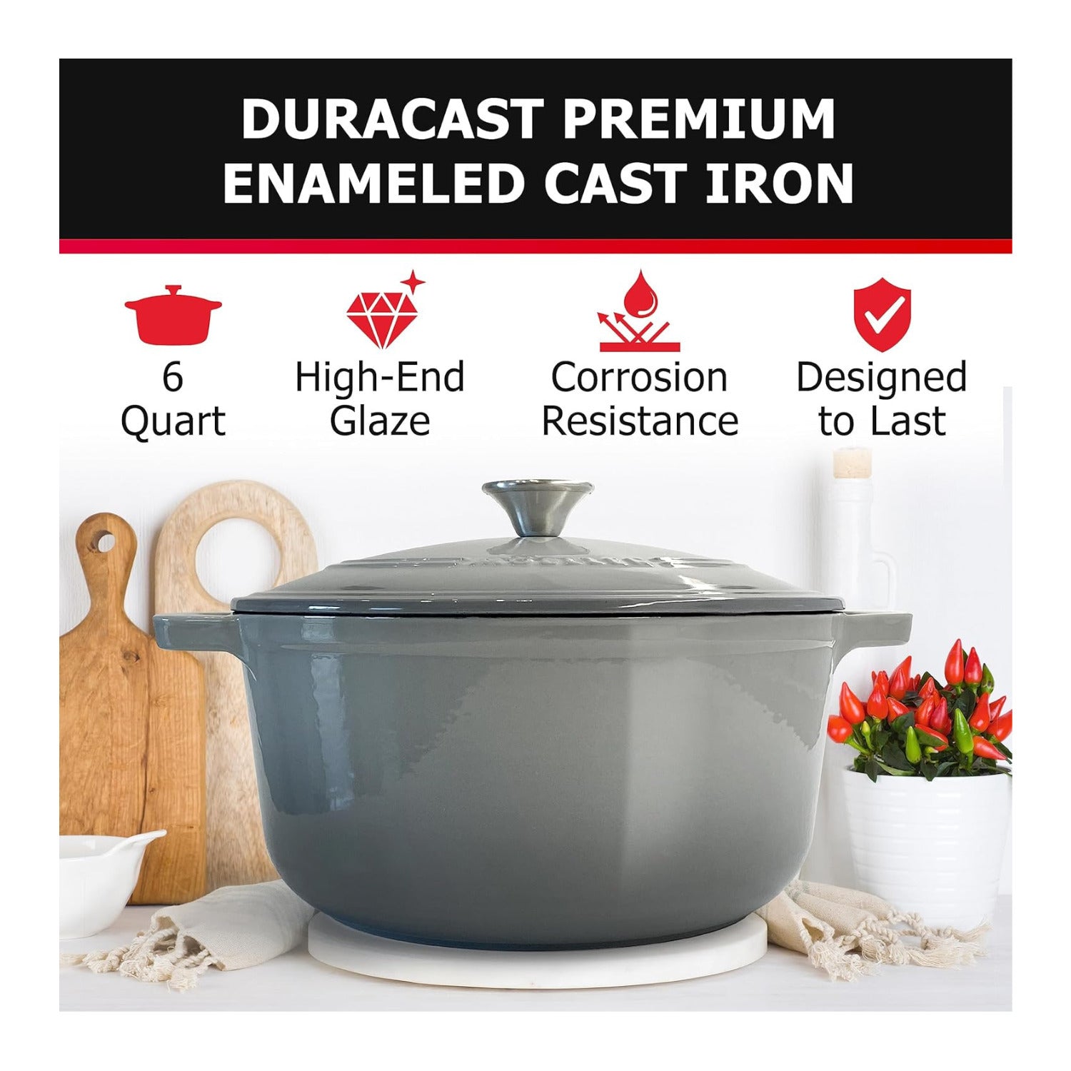 Mueller DuraCast 6-Quart Enameled Cast Iron Dutch Oven with Lid (Grey)