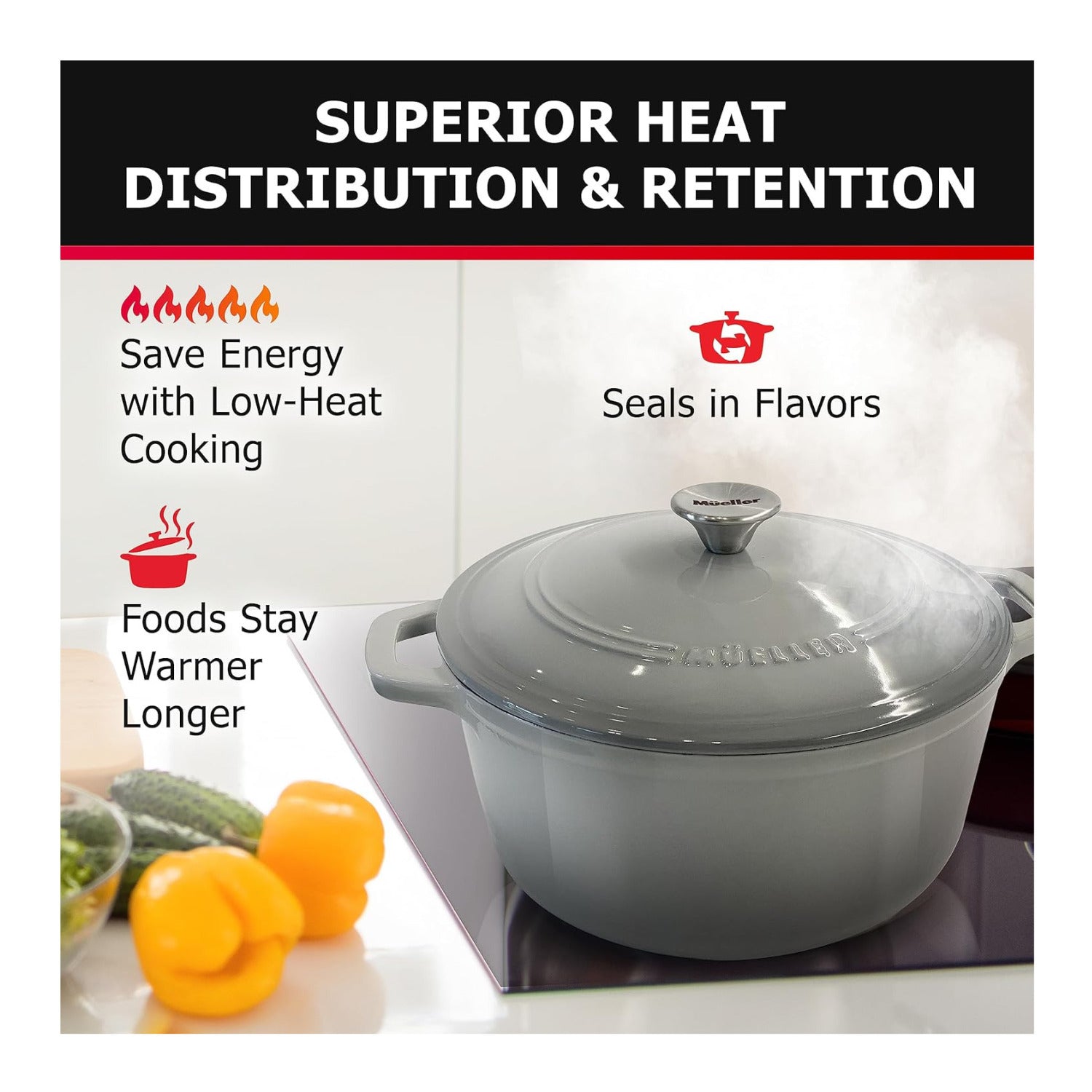 Mueller DuraCast 6-Quart Enameled Cast Iron Dutch Oven with Lid (Grey)