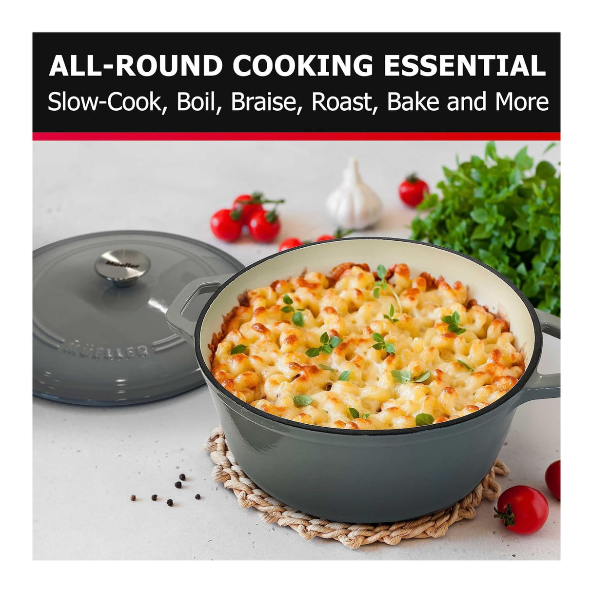 Mueller DuraCast 6-Quart Enameled Cast Iron Dutch Oven with Lid (Grey)