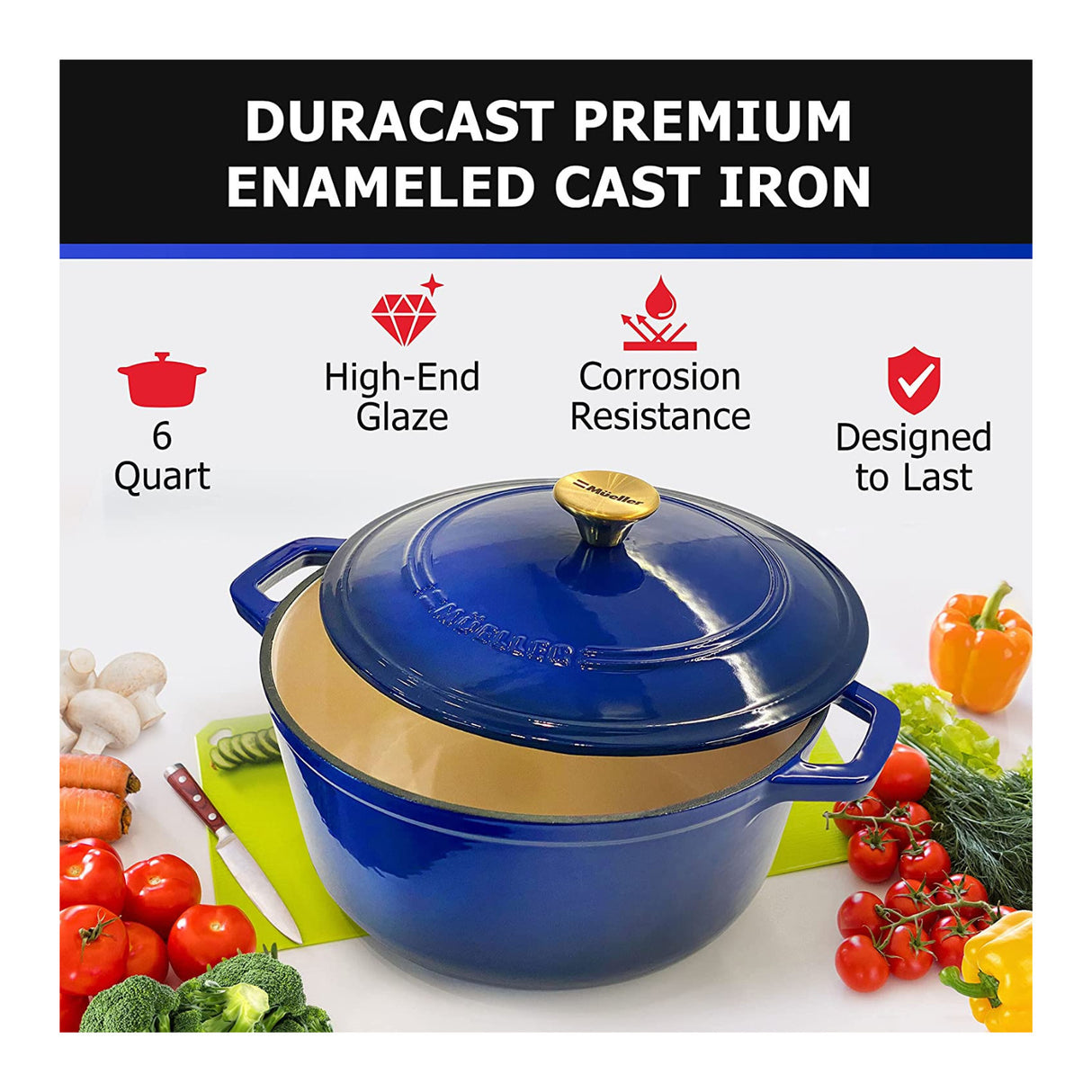 Mueller DuraCast 6-Quart Enameled Cast Iron Dutch Oven with Lid (Blue)