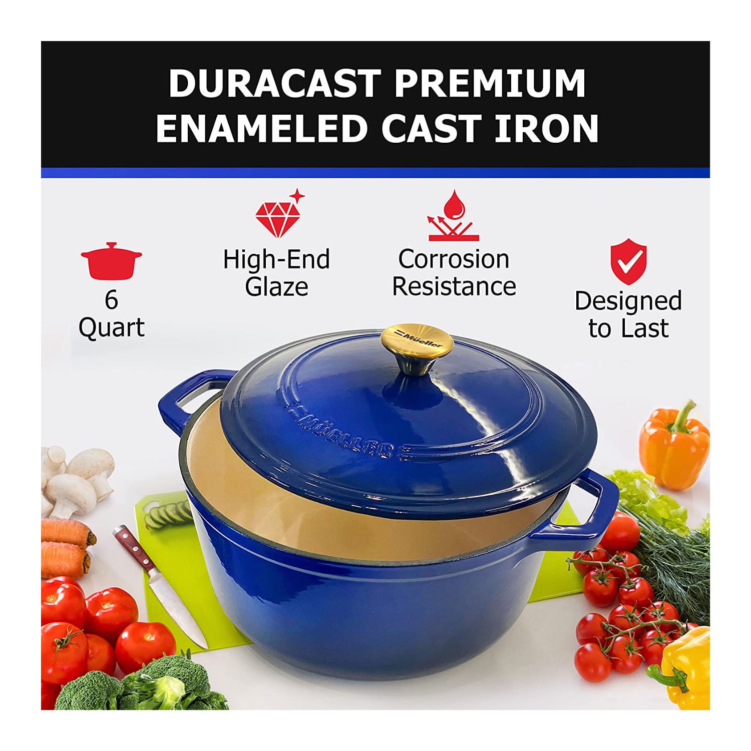 Mueller DuraCast 6-Quart Enameled Cast Iron Dutch Oven with Lid (Blue)