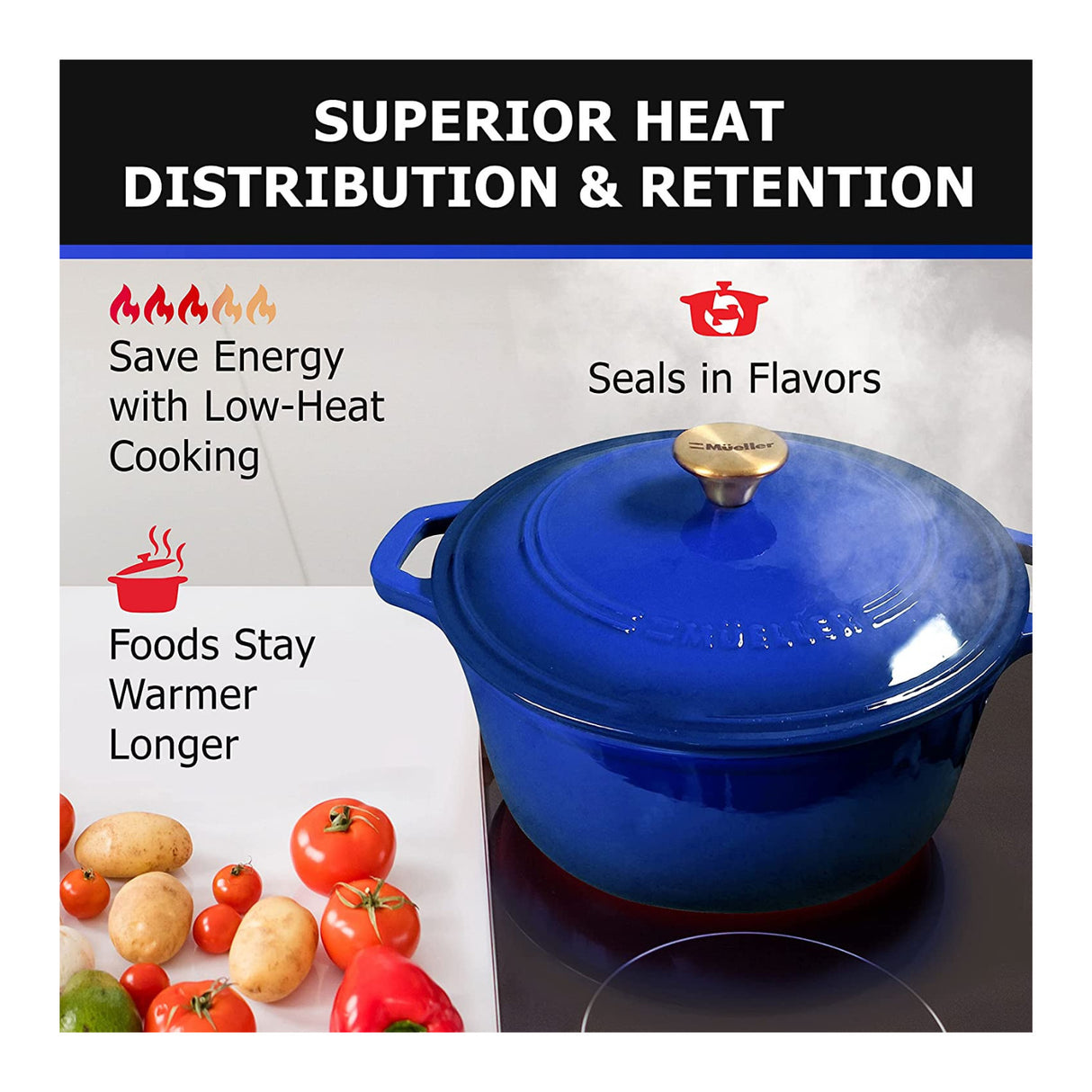 Mueller DuraCast 6-Quart Enameled Cast Iron Dutch Oven with Lid (Blue)