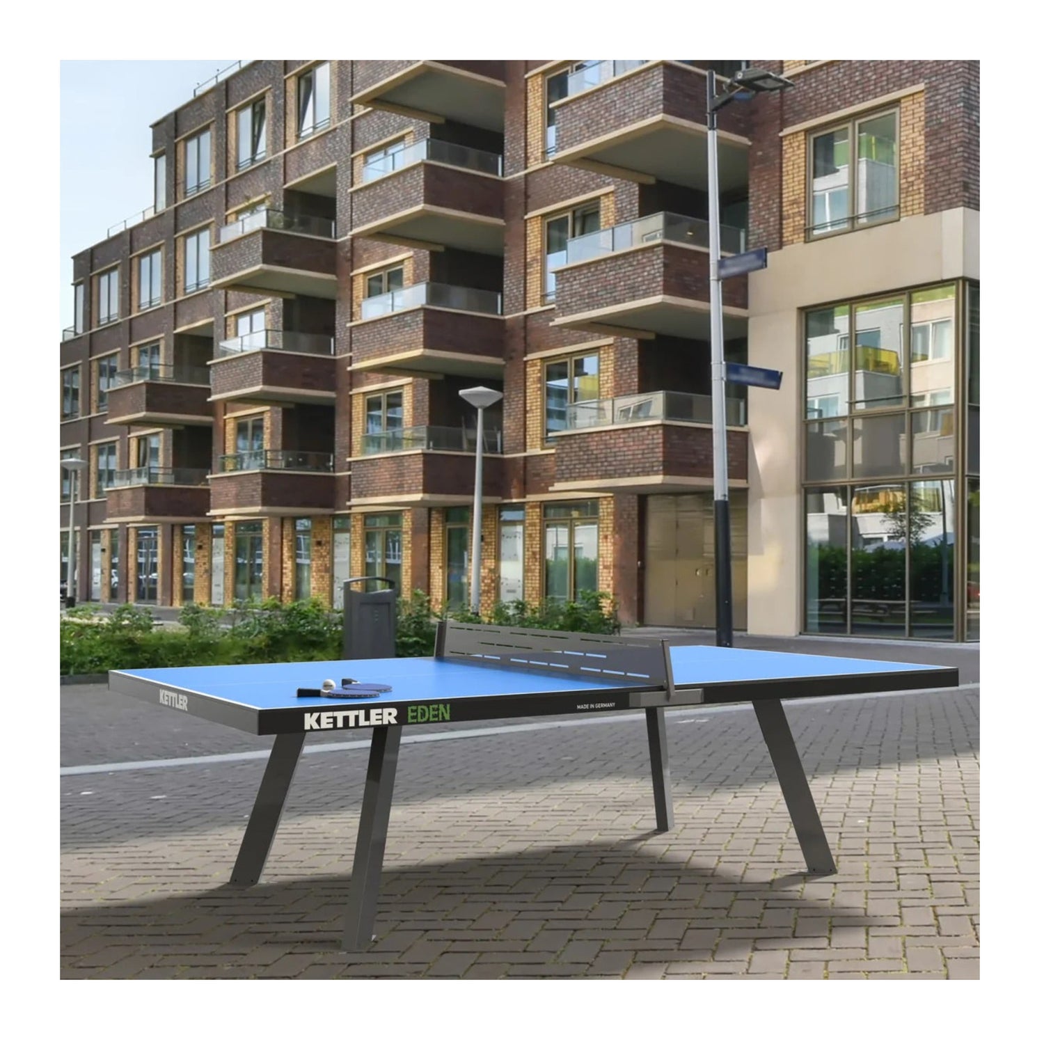 Kettler Eden Outdoor Stationary Table Tennis with Anchor Ready Feet (Blue)