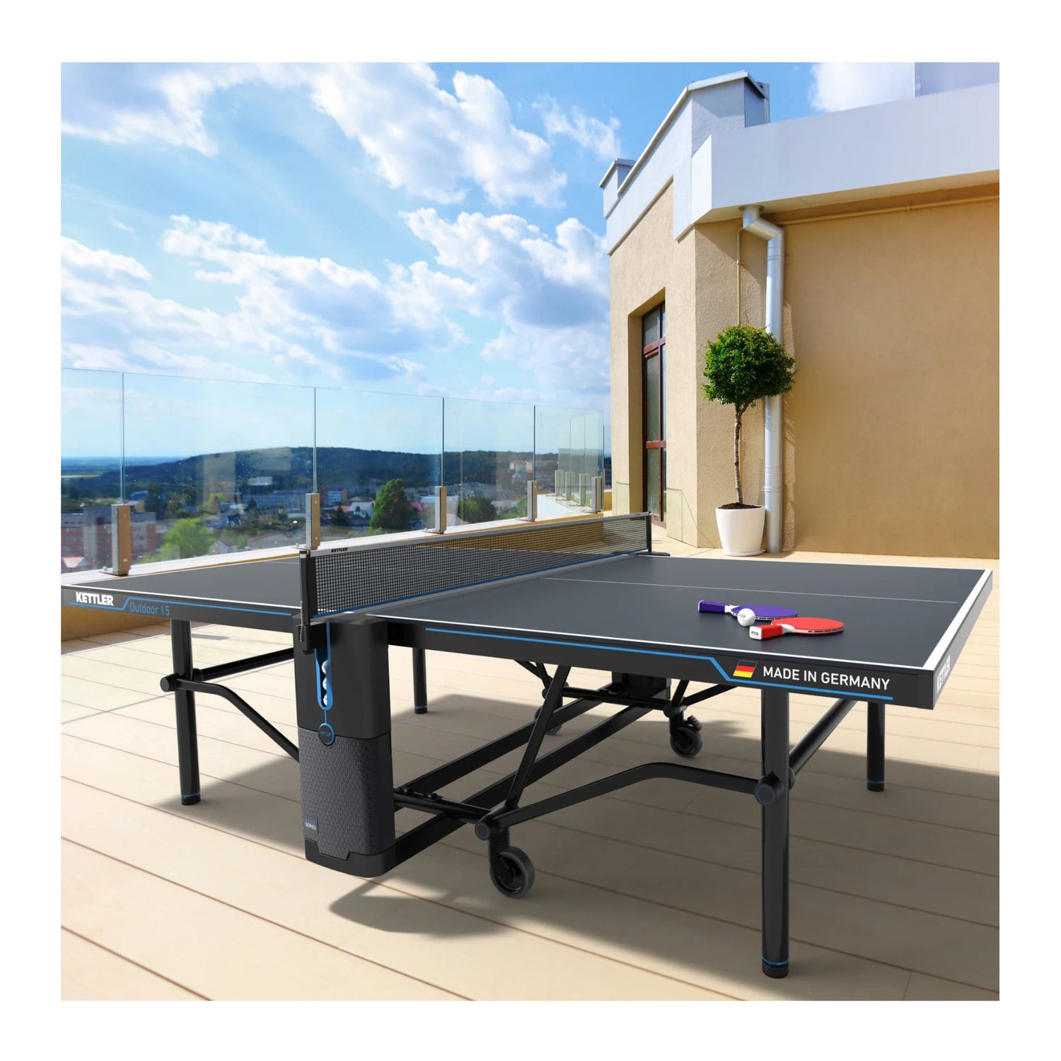 Kettler Outdoor 15 Table Tennis Table with Enclosed Racket Storage Compartment